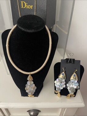 Fish Gold-Tone Necklace and Iridescent Shell Drop Earrings